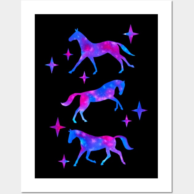 Nebula Watercolor Horses (Black Background) Wall Art by illucalliart